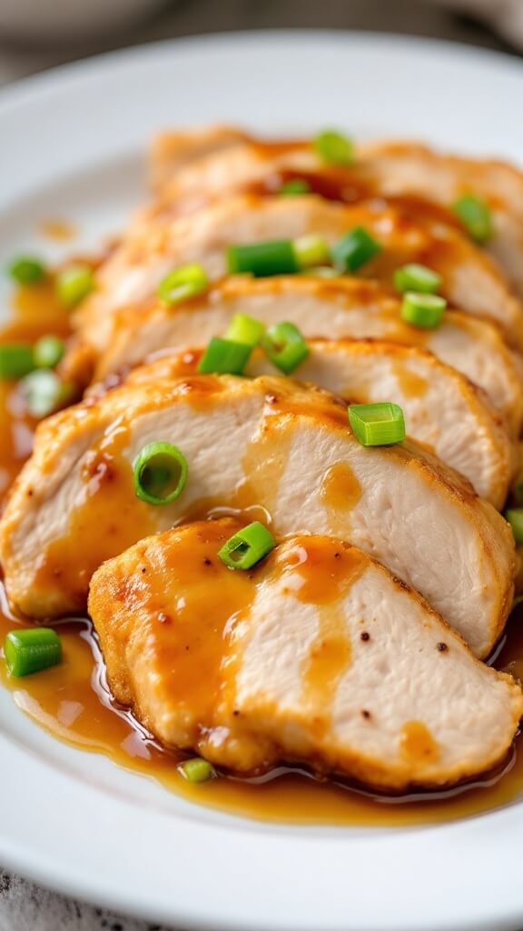 Plated presentation of juicy steamed chicken breast with sauce and green onion garnish