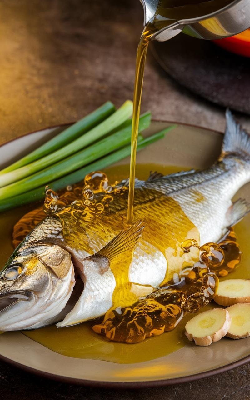 Steamed Fish With Ginger: A Delicious Chinese Classic 6 Steamed fish being topped with hot oil poured from a ladle, garnished with green onions and cilantro.