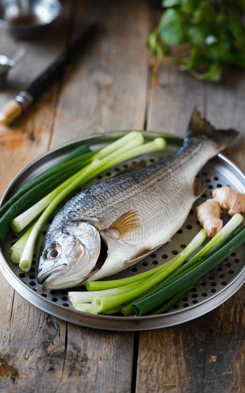 Steamed Fish With Ginger: A Delicious Chinese Classic 7 A wooden table featuring a heat-proof plate with a steamed fish garnished with fresh green scallions and sliced ginger.