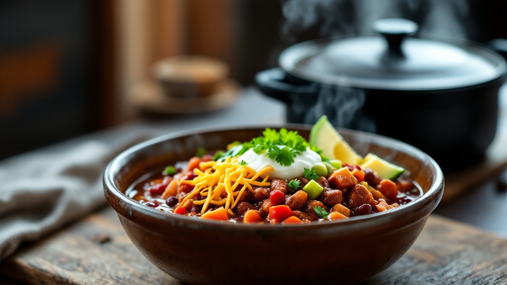 Bison Chili Recipe 2 "steaming bison chili in a rustic ceramic bowl garnished with cheese, sour cream, avocado, and cilantro on a weathered wooden table, with a cast iron dutch oven in the background. "
