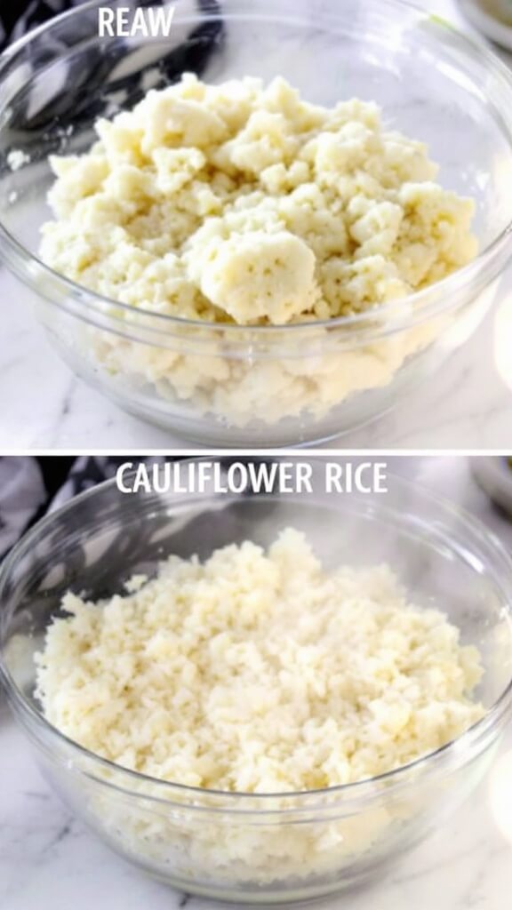 Crispy Cauliflower Pizza Crust (Keto &Amp; Gluten-Free) 4 Cooked cauliflower rice steaming in a microwave-safe glass bowl, demonstrating texture change from raw to cooked, under natural side lighting