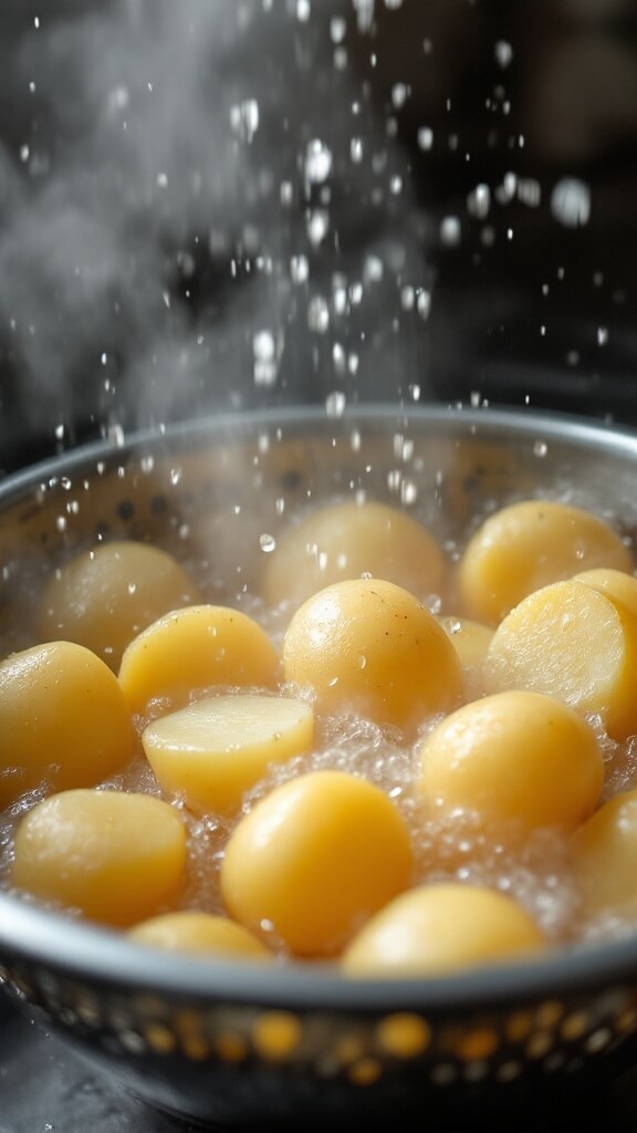 Creamy Cottage Cheese Mashed Potatoes 6 Steaming hot potatoes being drained in a metal colander over a sink, showing the tender texture of the perfectly cooked potatoes.