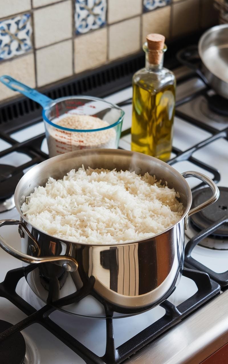 Steaming pot of white rice on a stovetop with cooking ingredients nearby.