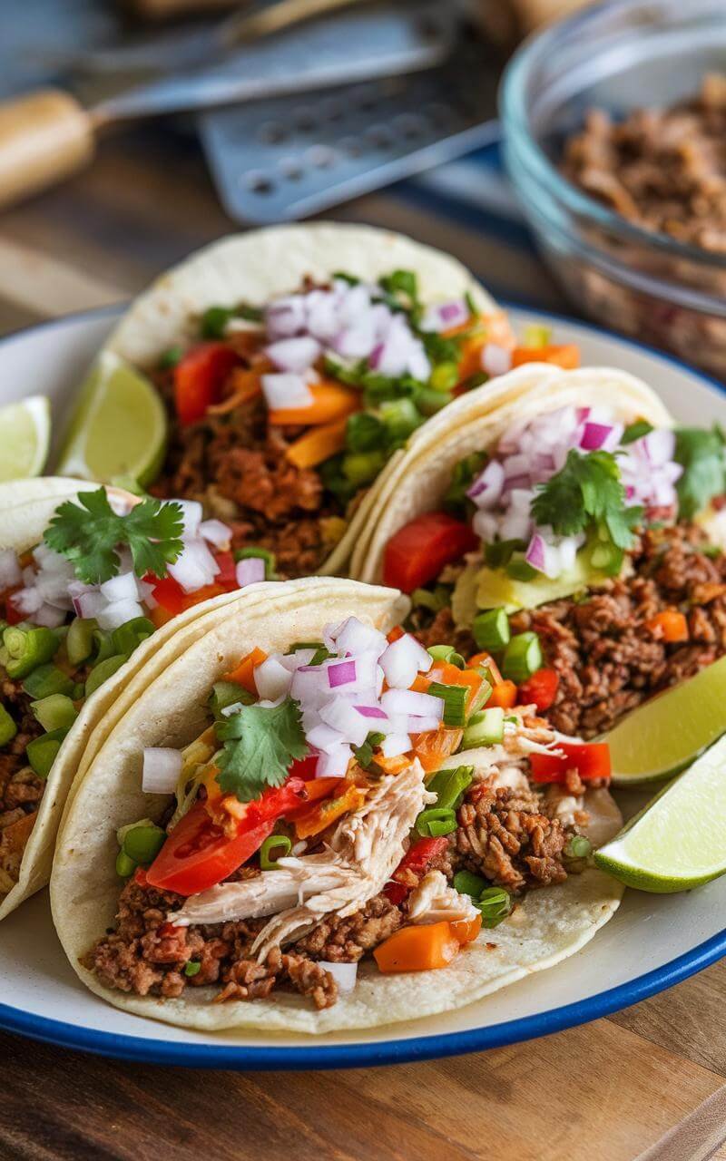 Black Bean And Sweet Potato Tacos: A Fiesta In Your Mouth! 5 Steaming tacos with colorful fillings and garnishes