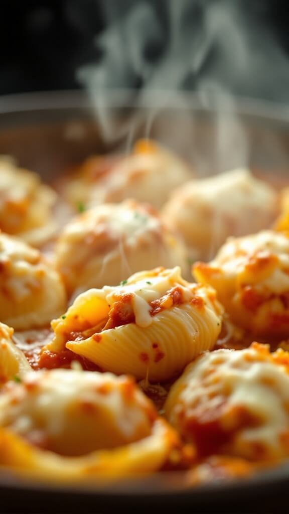 Deliciously baked pasta dish with golden brown, bubbling cheese, and visible sauce between shells, steam rising from it fresh out of the oven.