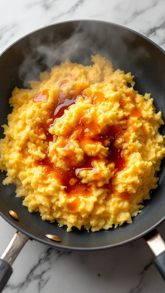 Perfect Cauliflower Fried Rice (Low-Carb, Ready In 25 Minutes) 8 Overhead view of scrambled eggs in a pan with soy sauce and sesame oil being drizzled on top, steam rising and sauce glistening