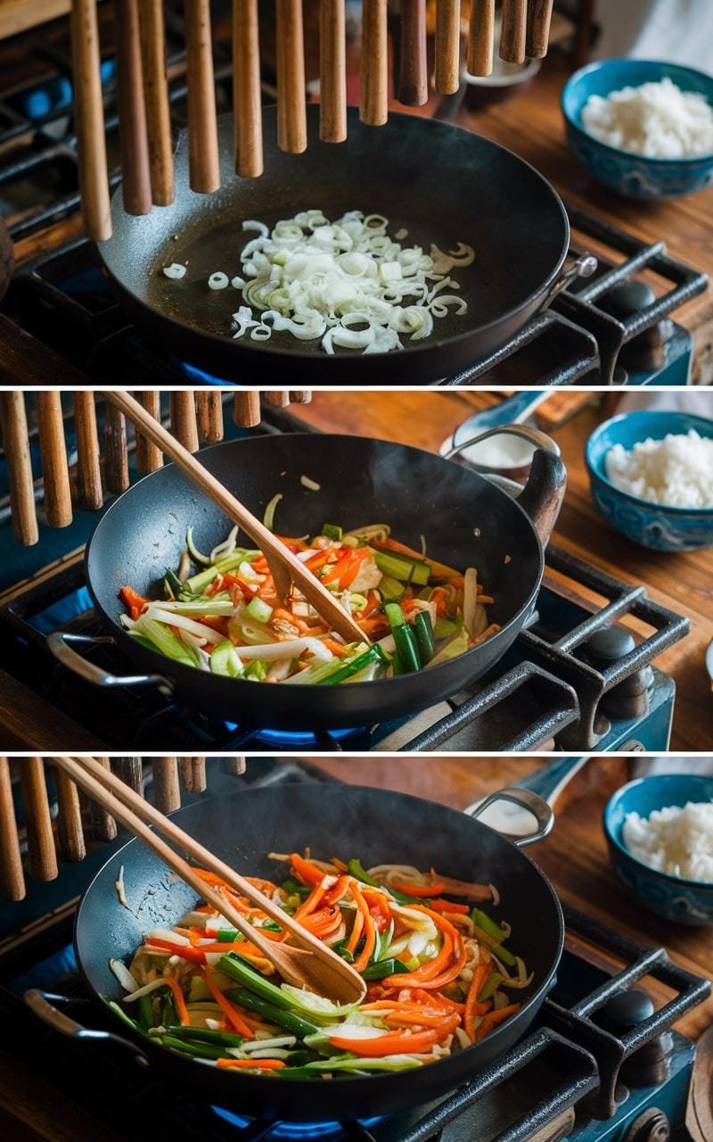 Seitan Stir-Fry: A Protein-Packed Vegan Delight 7 Person stir-frying vegetables in a wok on a stovetop.