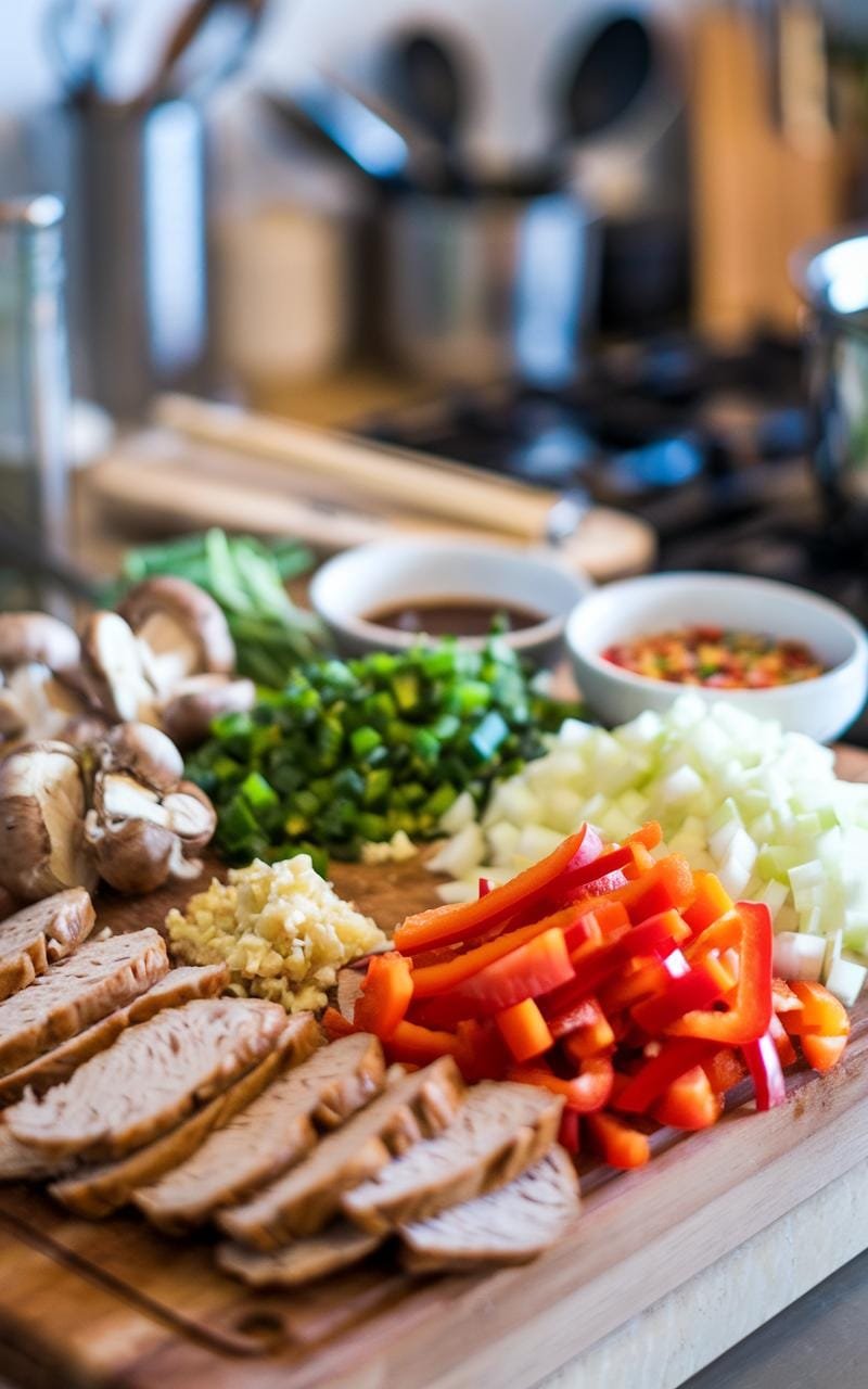 Seitan Stir-Fry: A Protein-Packed Vegan Delight 4 Fresh ingredients for stir-fry including sliced seitan, chopped vegetables, minced garlic and sauces on a cutting board