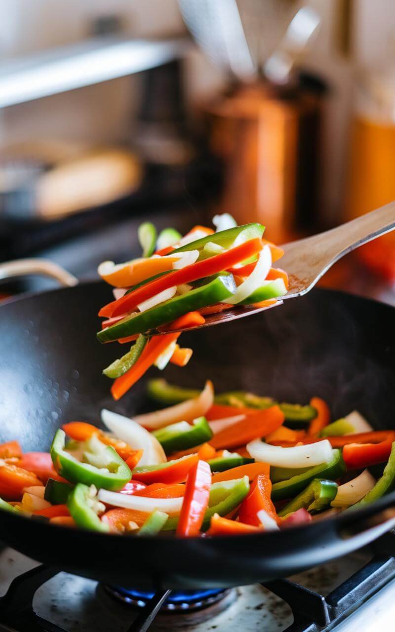 Tofu Stir-Fry: A Quick &Amp; Crispy Veggie-Packed Delight 7 A stir fry in motion, with blurred vegetables and meat tossing in a pan.