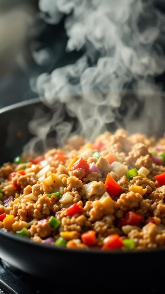 Sizzling skillet of ground chicken, onions, and mixed vegetables with steam rising during stir-fry.