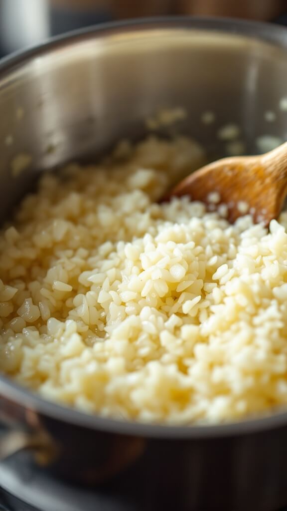 Diced onions turning translucent in melted butter with arborio rice being stirred in a stainless steel pan