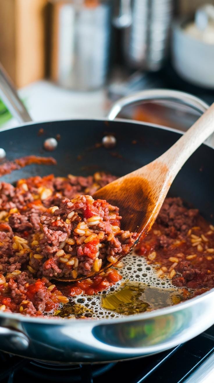Stuffed Bell Peppers: A Hearty, Customizable Dinner Classic 5 Close-up of a wooden spoon stirring a pan of ground beef, rice, tomato sauce, and spices.