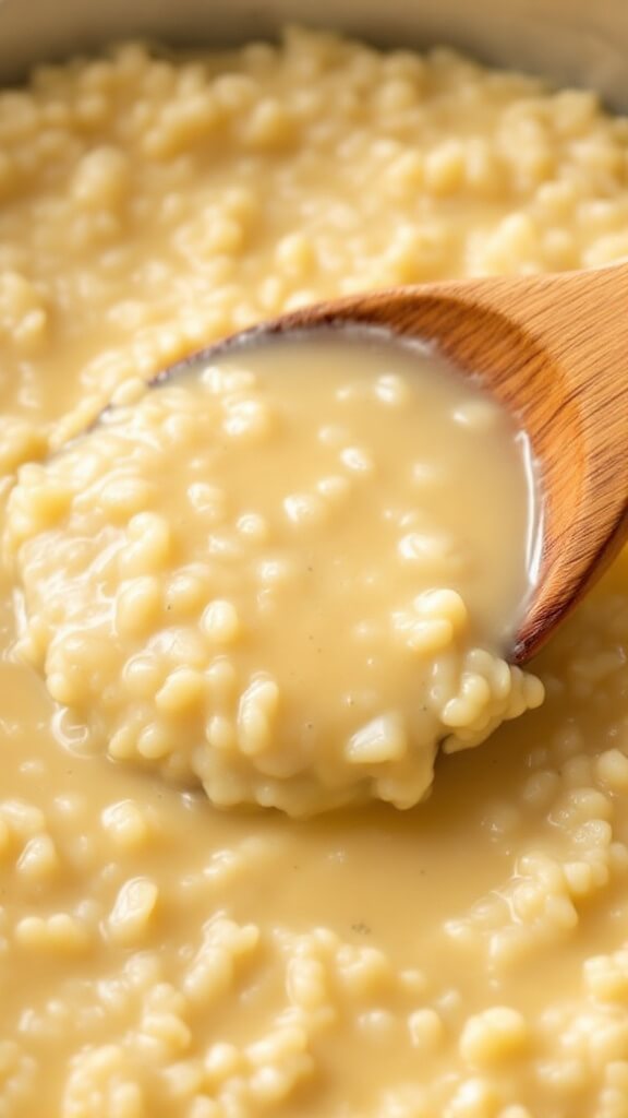 Wooden spoon stirring creamy broth into simmering cauliflower risotto with visible steam