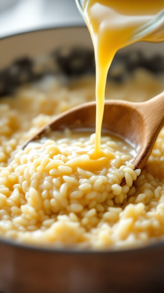 Action shot of wooden spoon stirring creamy risotto with ladle adding hot stock, highlighting the stirring process and absorption of stock into the rice