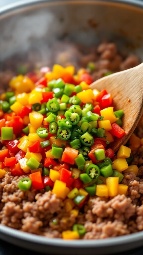 Bison Chili Recipe 4 Action shot of stirring diced bell peppers and minced jalapenos into meat mixture with visible steam