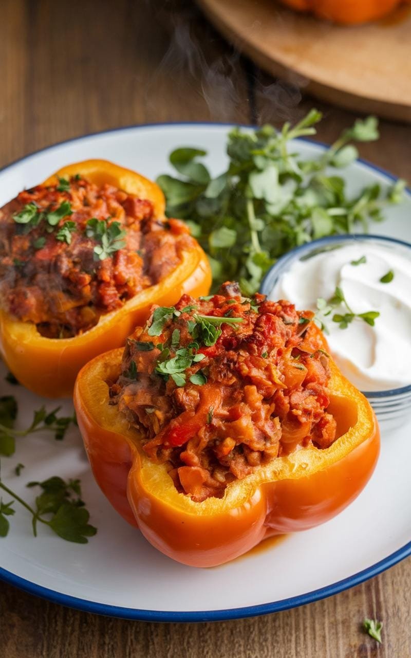 Stuffed Bell Peppers: A Hearty, Customizable Dinner Classic 8 Stuffed bell peppers steaming hot, topped with fresh herbs and a dollop of sour cream.