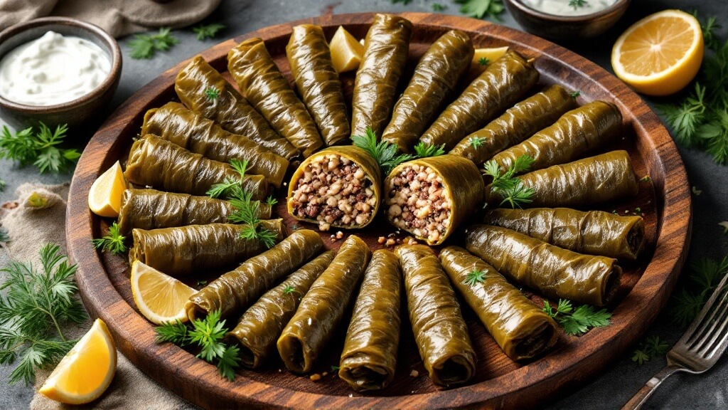 Stuffed Grape Leaves (Dolmas) Recipe 2 Rustic wooden platter with glossy stuffed grape leaves (dolmas) garnished with dill, mint, and lemon, with mediterranean-style bowls containing olive oil and tzatziki sauce nearby.