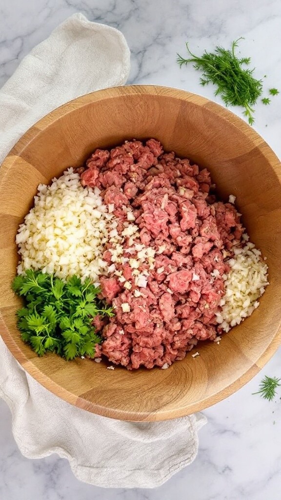 Stuffed Grape Leaves (Dolmas) Recipe 4 Overhead view of a mixing bowl with ground meat, uncooked rice, and diced onions, surrounded by chopped parsley, dill, and mint