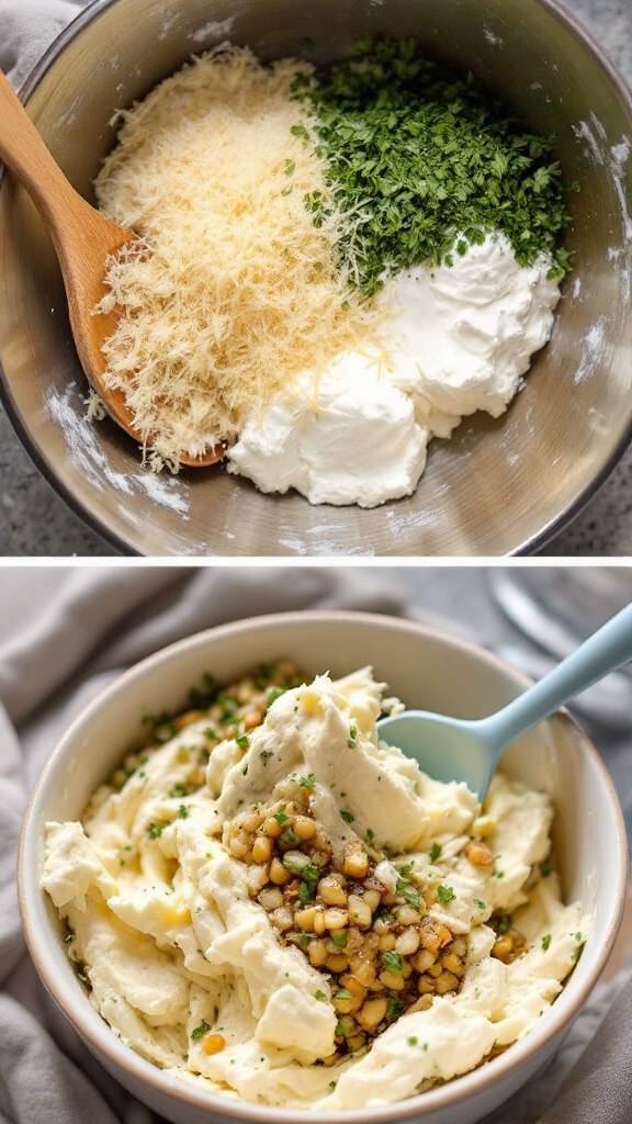 Classic Stuffed Mushrooms 6 Process of combining cream cheese, parmesan, herbs, and sautéed ingredients in a ceramic mixing bowl
