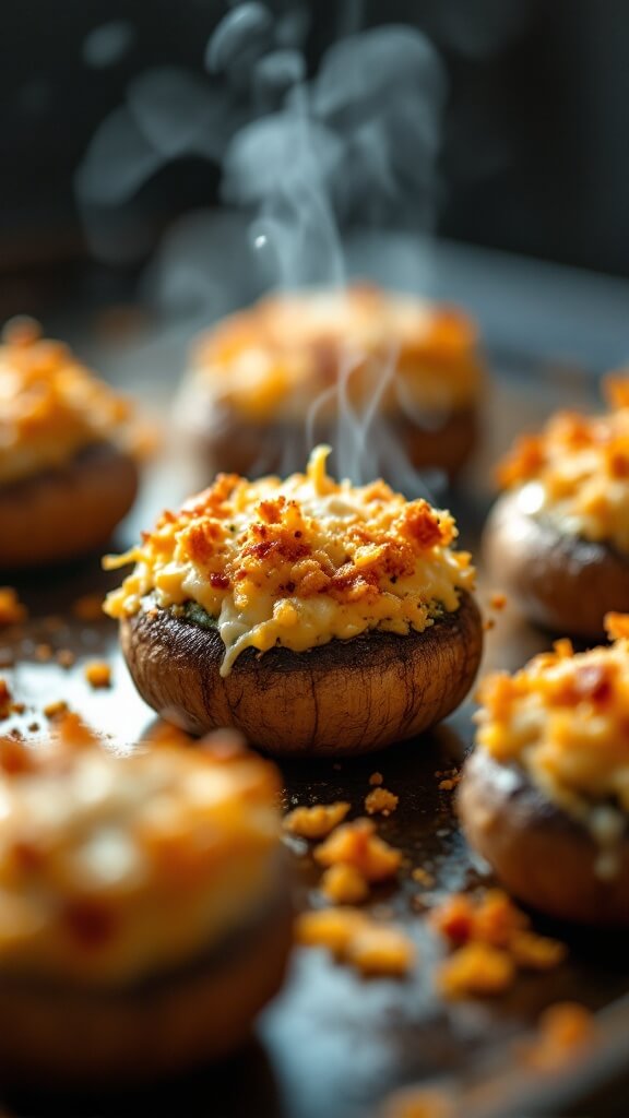 Classic Stuffed Mushrooms 9 Freshly baked stuffed mushrooms with steam rising, bubbly cheese, and toasted breadcrumbs under natural light