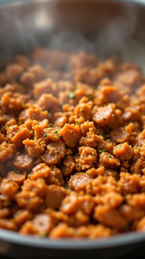 Classic Stuffed Mushrooms 4 Close-up of italian sausage browning in a skillet with visible herbs and seasonings, steam indicating cooking process