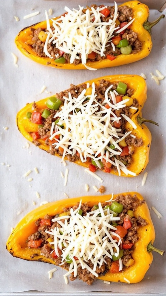 Crispy Bell Pepper Nachos (Keto-Friendly, Gluten-Free) 7 Roasted pepper triangles topped with meat and cheese on baking sheet