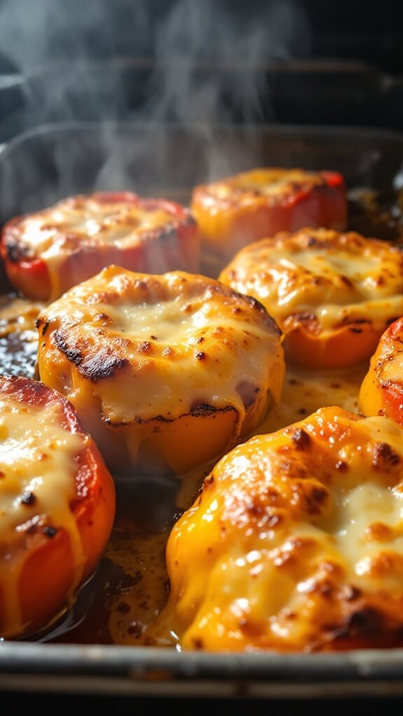 Quinoa Stuffed Peppers (Vegetarian &Amp; Gluten-Free) 9 Freshly baked dish with golden-brown, bubbling cheese on top of slightly charred peppers, with drops of sizzling juice and visible steam rising from the dish.