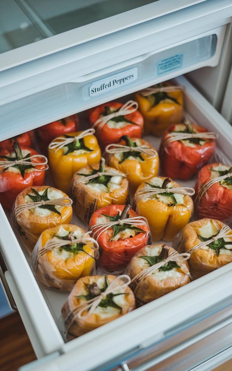 Stuffed Bell Peppers: A Hearty, Customizable Dinner Classic 7 Open freezer drawer with individually wrapped stuffed peppers neatly organized for meal prep storage.