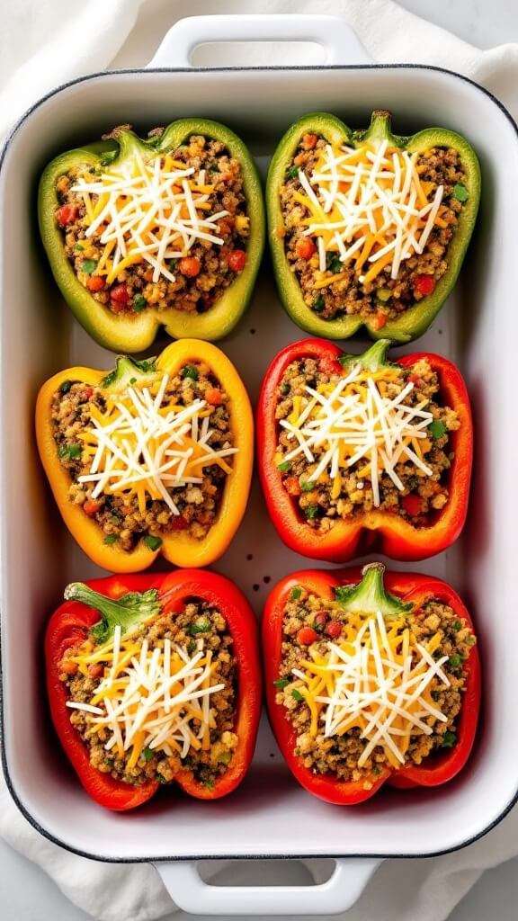 Quinoa Stuffed Peppers (Vegetarian &Amp; Gluten-Free) 8 Aerial view of six halved bell peppers stuffed with quinoa mixture and topped with melting cheese in a ceramic baking dish, ready for the oven