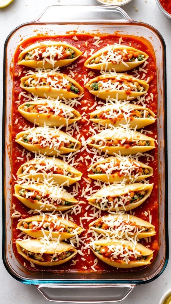 Stuffed pasta shells arranged in a glass baking dish with marinara sauce