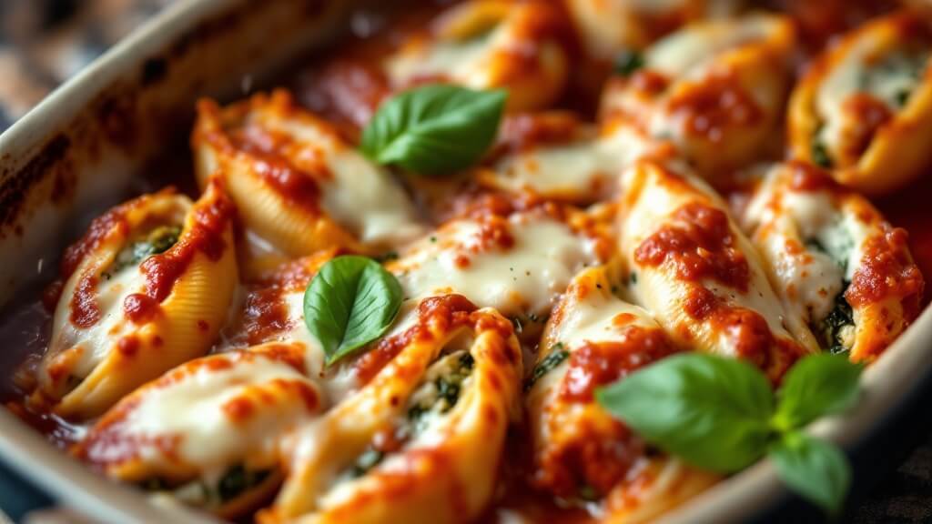 "golden-brown baked stuffed shells with ricotta-spinach filling in ceramic dish, garnished with fresh basil leaves, captured in professional food photography style"