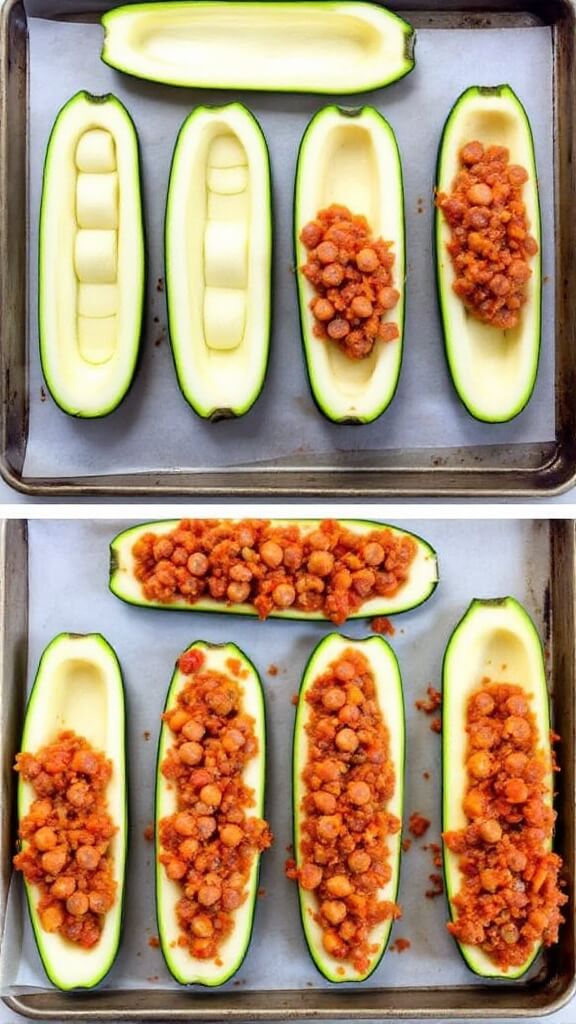 Overhead view of zucchini boats on a baking sheet being filled with layers of sausage-marinara mixture