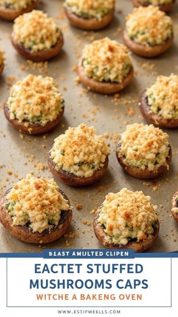 Classic Stuffed Mushrooms 8 Uncooked stuffed mushroom caps on a baking sheet highlighted with breadcrumb topping, ready to bake