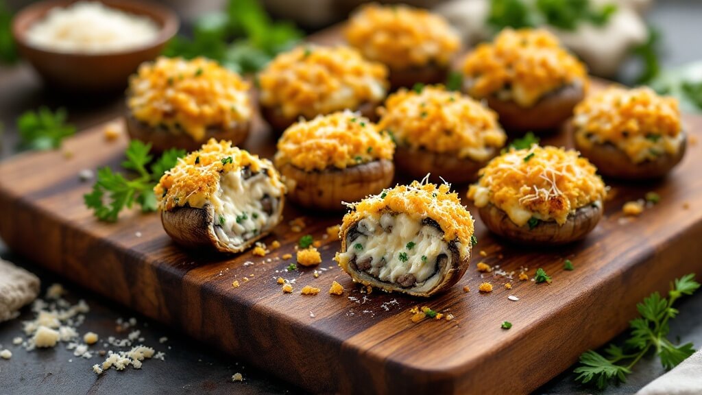 "golden-brown stuffed mushrooms with cream cheese and sausage filling on a wooden board, garnished with parsley and parmesan, in natural light"