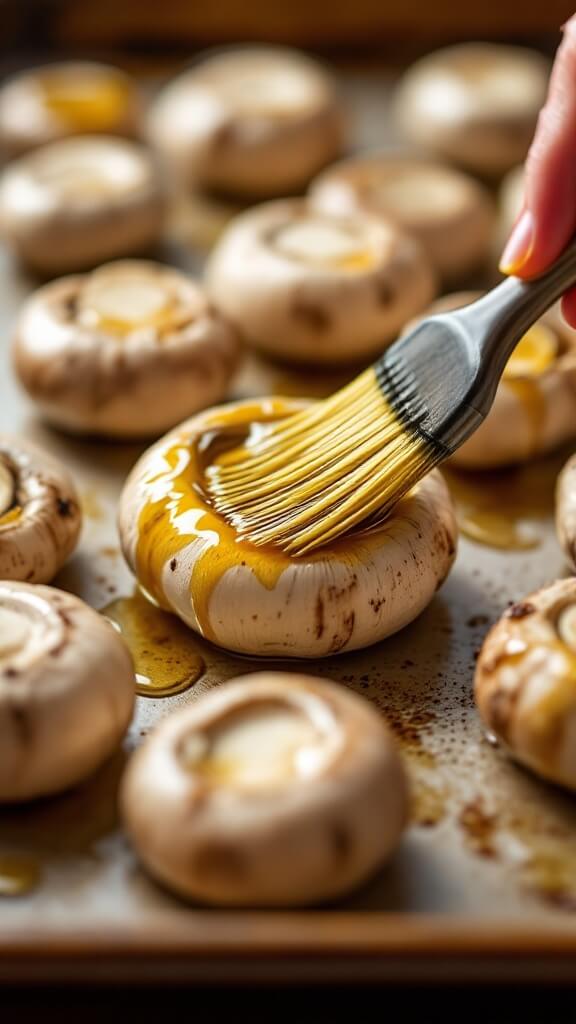 Classic Stuffed Mushrooms 7 Mushroom caps being brushed with olive oil on a baking sheet under natural light