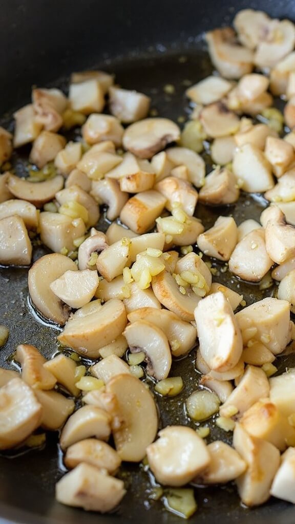 Classic Stuffed Mushrooms 5 Chopped mushroom stems and minced garlic sautéing in olive oil with visible golden-brown edges in a skillet