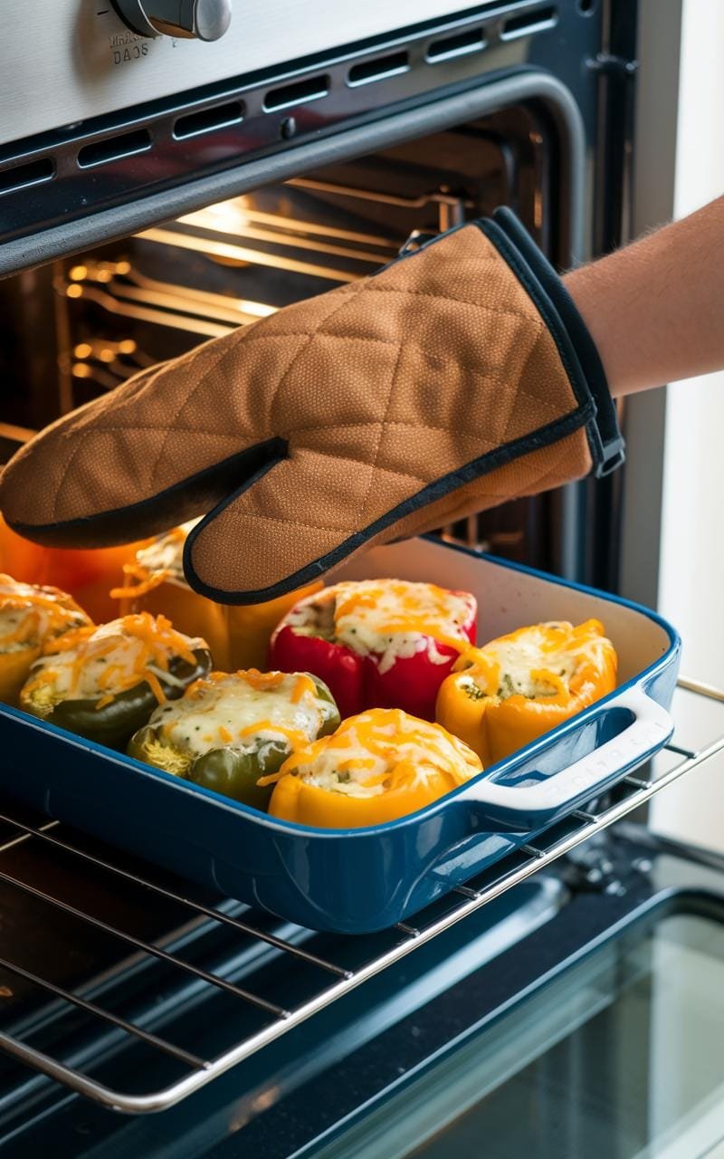 Stuffed Bell Peppers: A Hearty, Customizable Dinner Classic 6 Person holding a tray of stuffed peppers with an oven mitt.