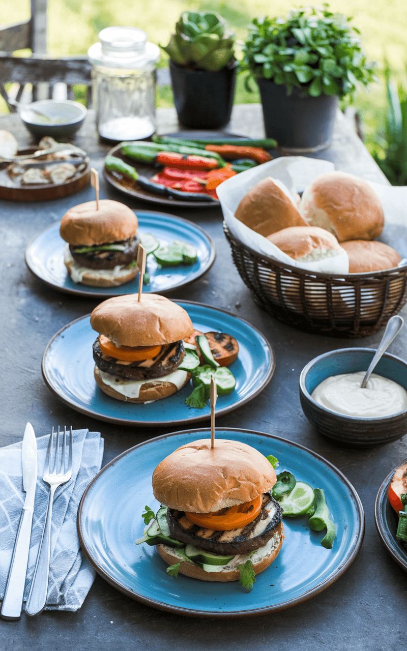 Grilled Portobello Mushroom Burger: The Meatless Marvel That'Ll Make You Forget Beef 6 Outdoor patio table set for a summer barbecue, featuring portobello mushroom burgers served on rustic plates with a casual, inviting atmosphere.