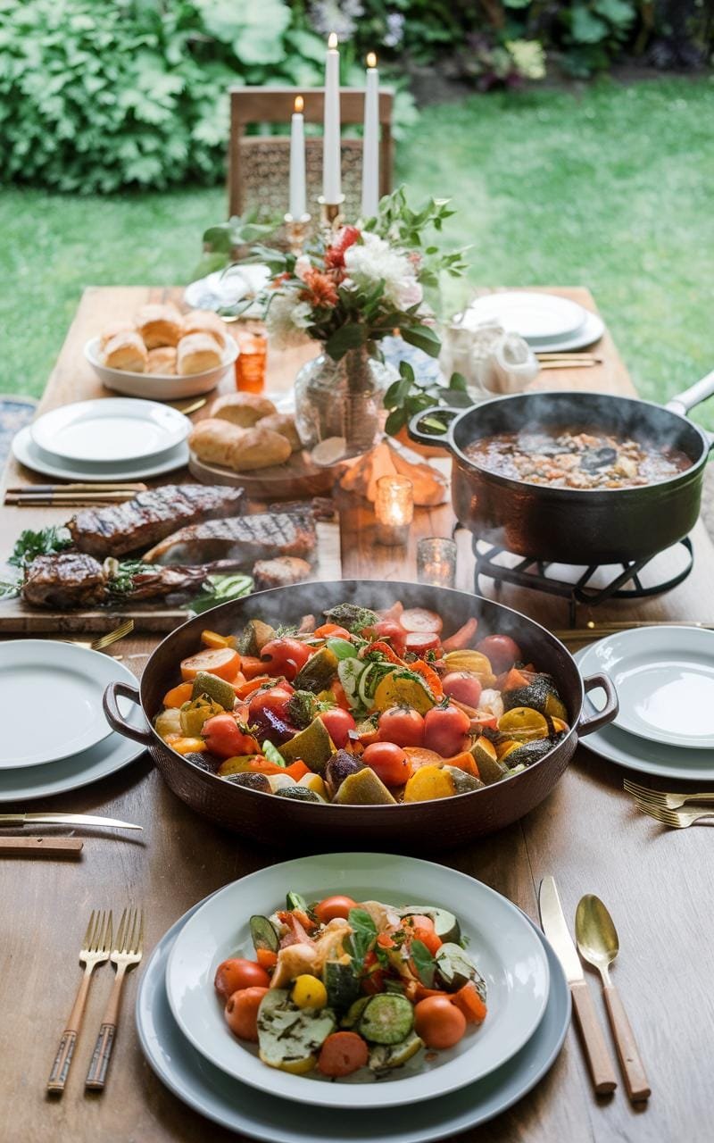 Outdoor summer dinner party table with steaming vegetables served on plates.
