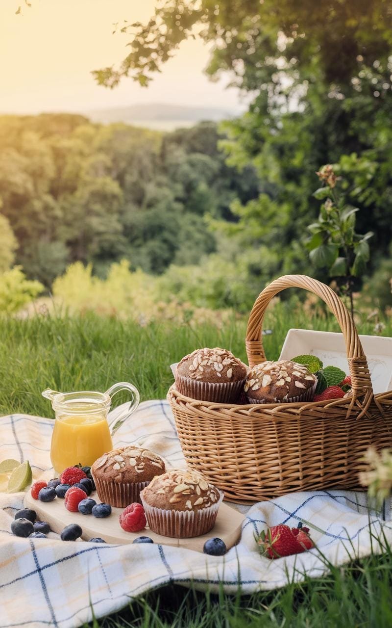 Almond Flour Muffins: The Ultimate Gluten-Free Treat 4 A basket of almond muffins on a checkered blanket set for a summer picnic.