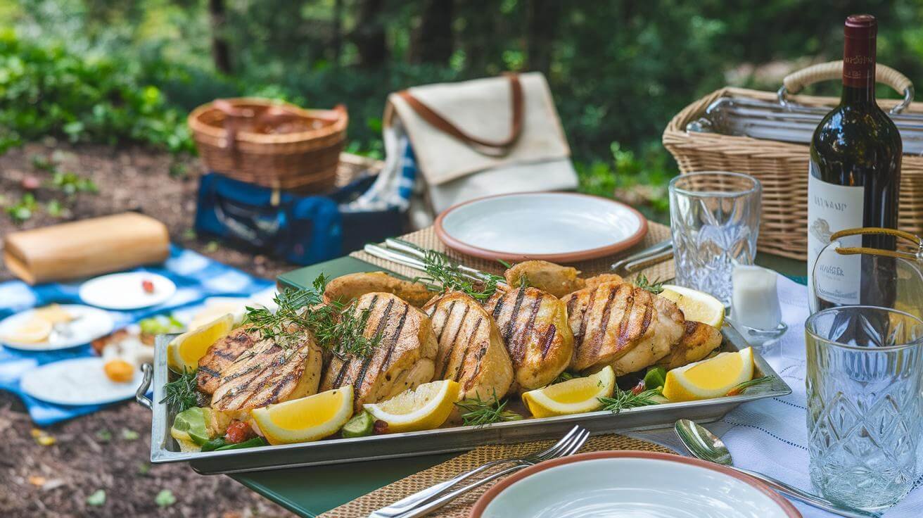 Grilled Chicken Breast With Herbs: Your New Go-To Summer Recipe 22 An outdoor picnic table set with a platter of grilled chicken breasts garnished with lemon wedges and herb sprigs as the centerpiece, surrounded by vibrant dishes and summer tableware.