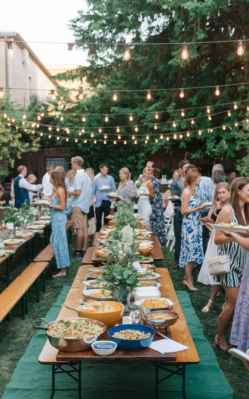 Chickpea Pasta Salad: A Mediterranean-Inspired Delight 5 A group of people enjoying a casual summer potluck in a backyard with picnic tables, food, and string lights overhead.