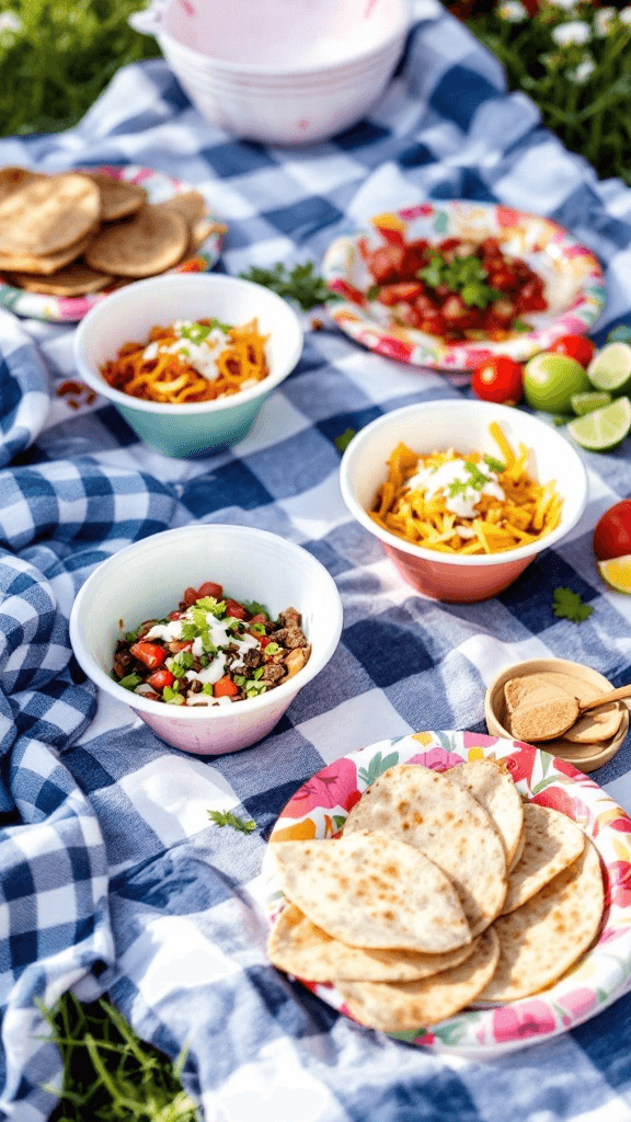 Outdoor picnic scene with a checkered blanket, portable taco bowls, and colorful festive paper plates, set up for a summertime fiesta.