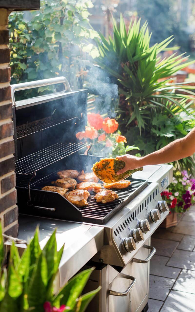 Person marinating chicken on a grill in a sunny backyard patio surrounded by lush greenery and colorful flowers