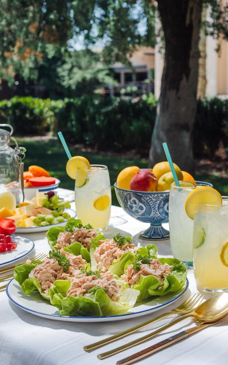 A sunny picnic setting featuring tuna salad served in lettuce cups, fresh lemonade in glasses, and a variety of colorful fruits.
