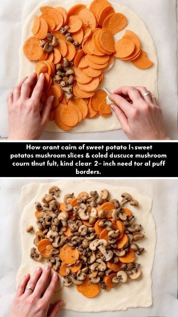 Mushroom Wellington Recipe: A Showstopping Vegetarian Main 6 Hands neatly arranging sweet potato slices and cooled mushroom mixture on puff pastry with clear 2-inch border on parchment paper