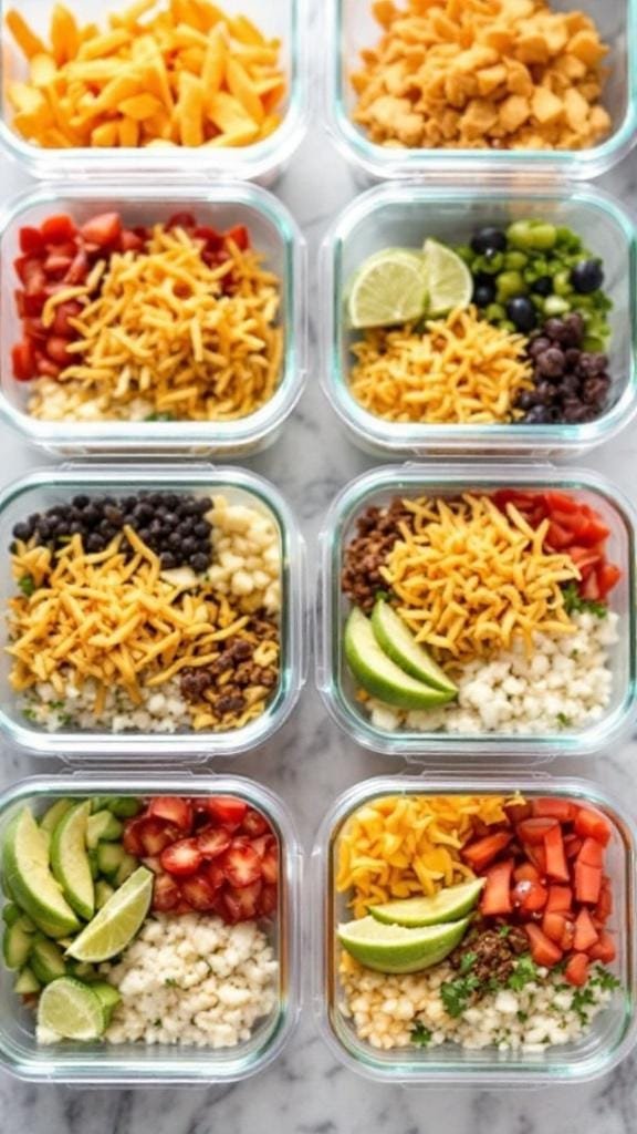 A meal prep station featuring organized clear containers filled with ingredients for taco bowls, including rice, beans, protein, veggies, and toppings, ready for easy weekday lunches.