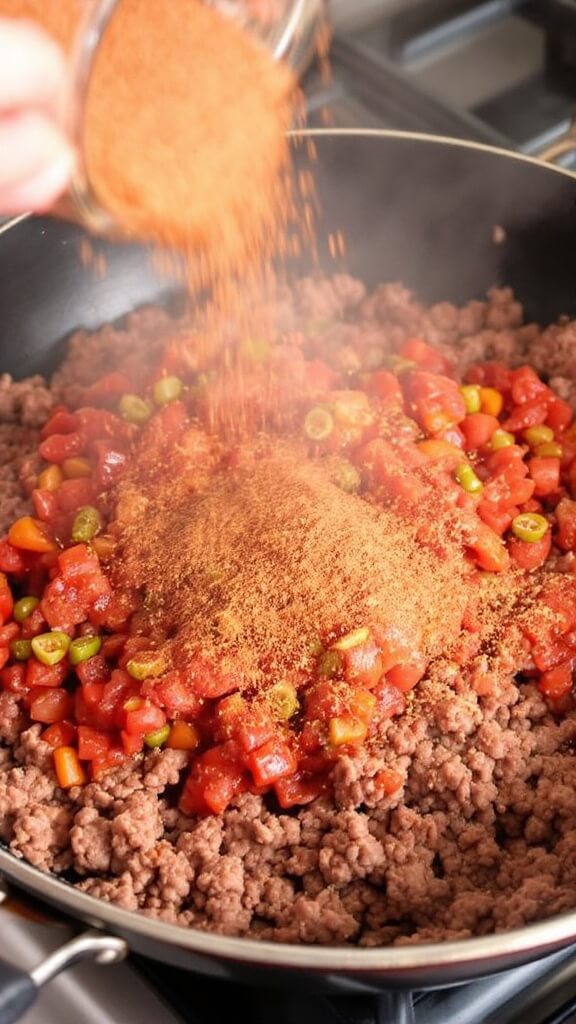 Keto Taco Casserole 4 Adding drained diced tomatoes with green chilies to browned ground beef in a skillet, sprinkling taco seasoning, with steam rising as ingredients are stirred