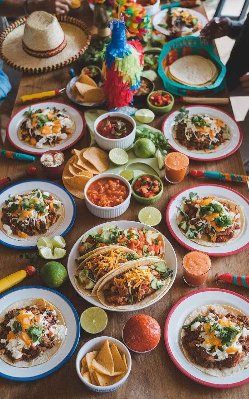 Black Bean And Sweet Potato Tacos: A Fiesta In Your Mouth! 4 Overhead view of a table filled with taco ingredients including tortillas, meats, salsas, guacamole, vegetables, and various toppings set up for a taco party