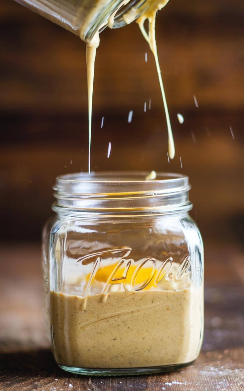Quinoa Buddha Bowl: A Nourishing Veggie-Packed Delight 4 Tahini dressing in a jar with visible droplets on the sides after being shaken.